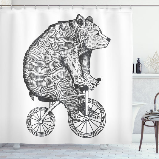 Whimsical Circus Bear Art on Charcoal Grey and White Bicycle Shower Curtain