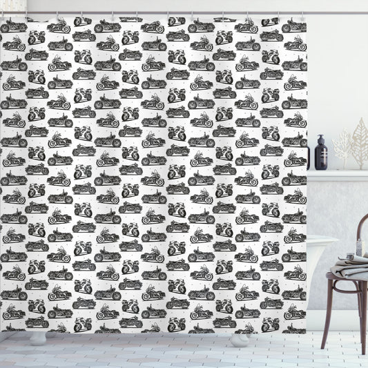 Vintage Motorcycle Illustrations in Monochrome Colors on Shower Curtain