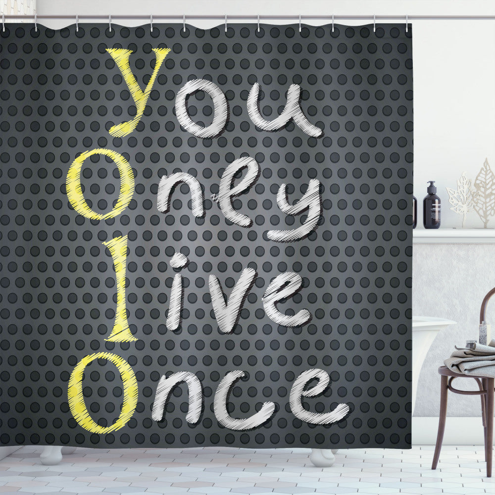 YOLO: The Modern Freedom Slogan in Charcoal Grey, Yellow, and White Shower Curtains