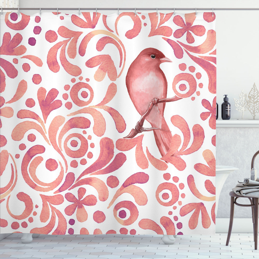 Watercolor Bird on Branch Shower Curtain in Dried Rose, White, and Coral Tones