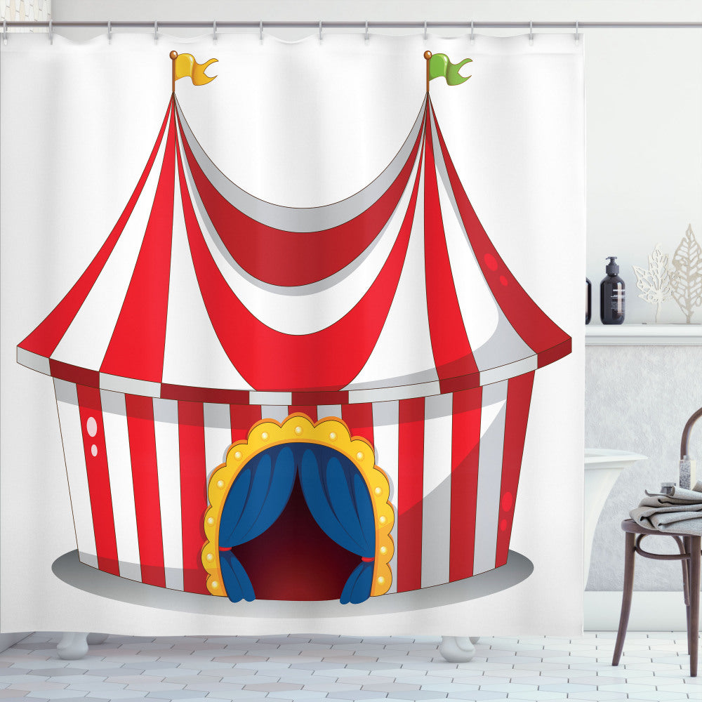 Circus-Inspired White and Red Flag Shower Curtain for a Nostalgic Touch