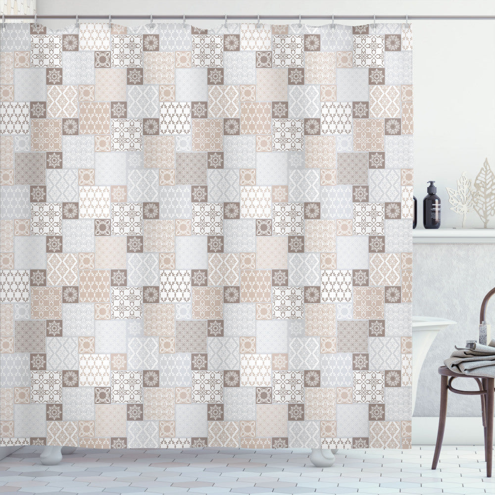 Asian Inspired Taupe, Grey, and Tan Oriental Checkered Motif Shower Curtain