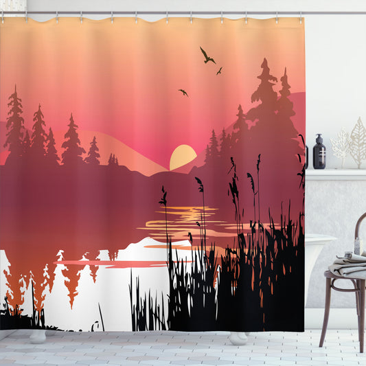 Tranquil Sunset River Landscape Shower Curtain in Pale Orange, Black, and Coral Colors