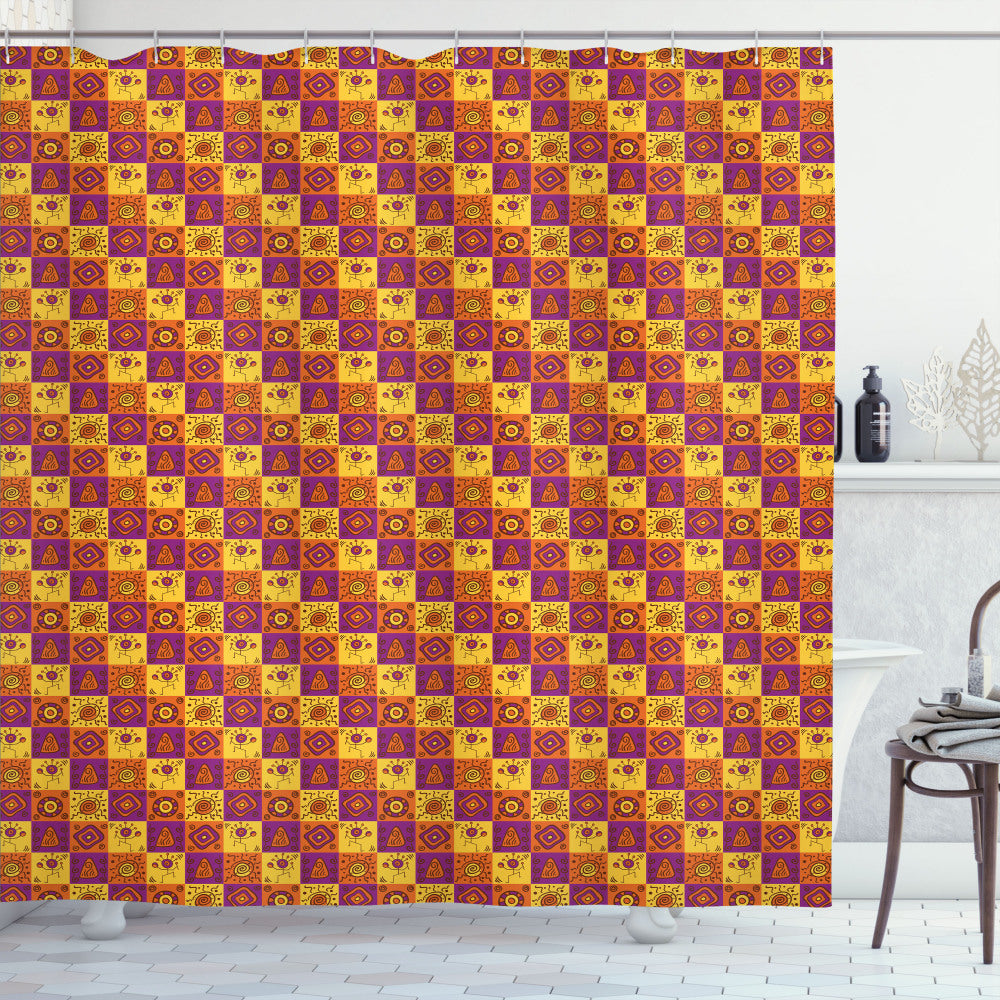 Timeless Tribal Design Bath Curtain in Vibrant Orange, Purple, and Yellow Palette