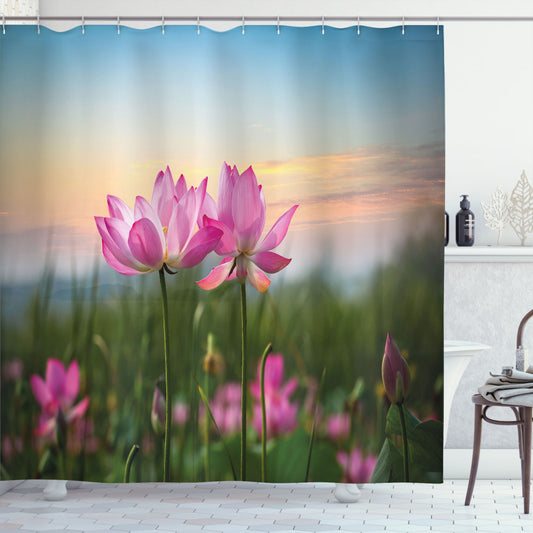 Blooms Garden Bath Curtain featuring Lotus Design in Pale Pink, Pale Blue, and Green