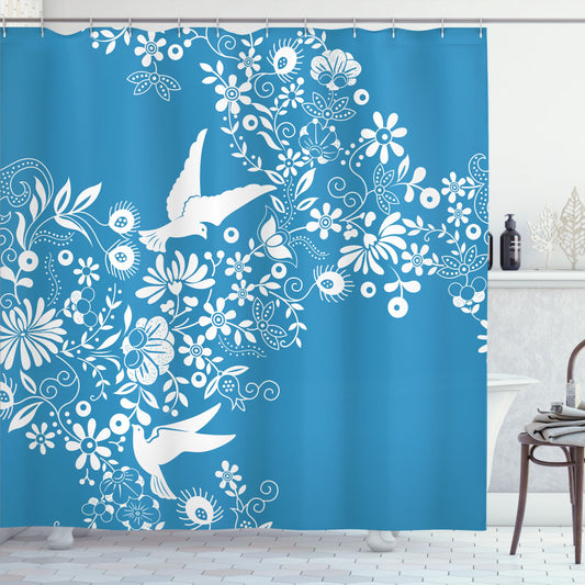 Blue and White Flowers Flying Doves Asian Inspired Shower Curtain