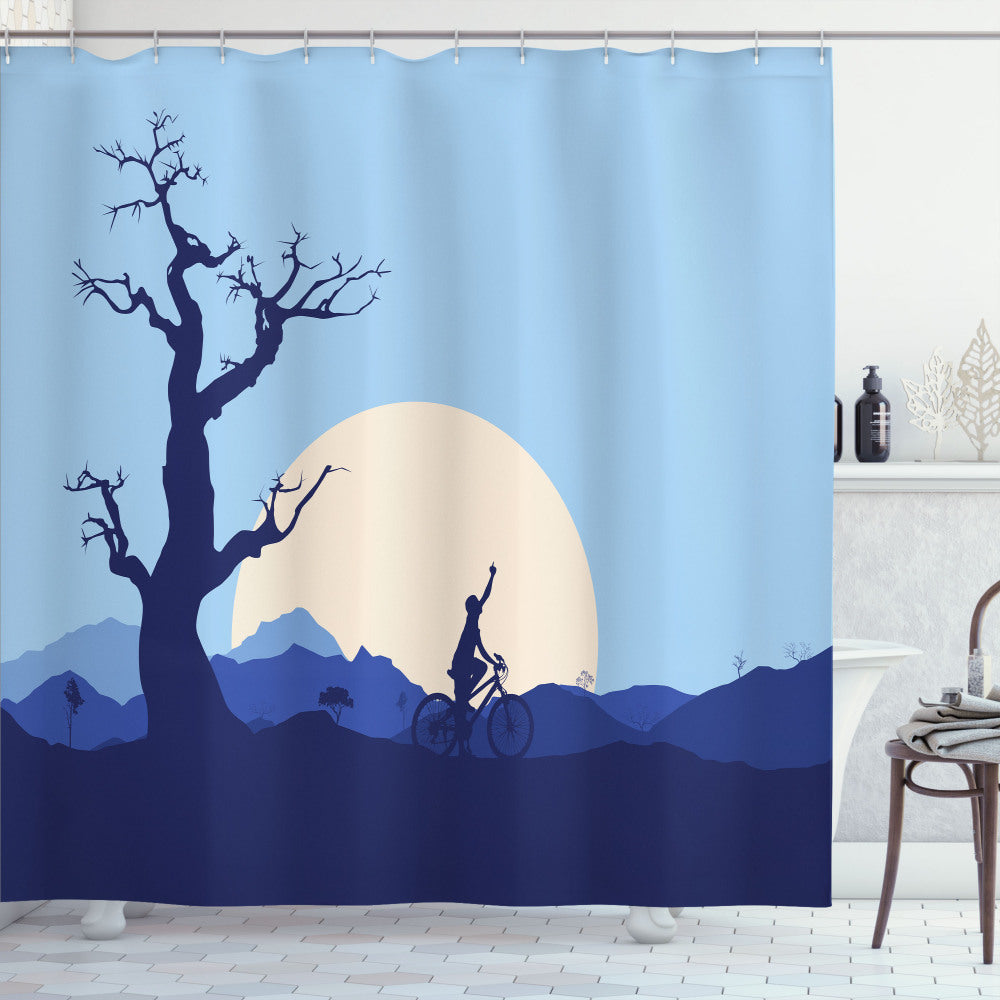 White and Blue Nature-inspired Rising Moon Forest Shower Curtain