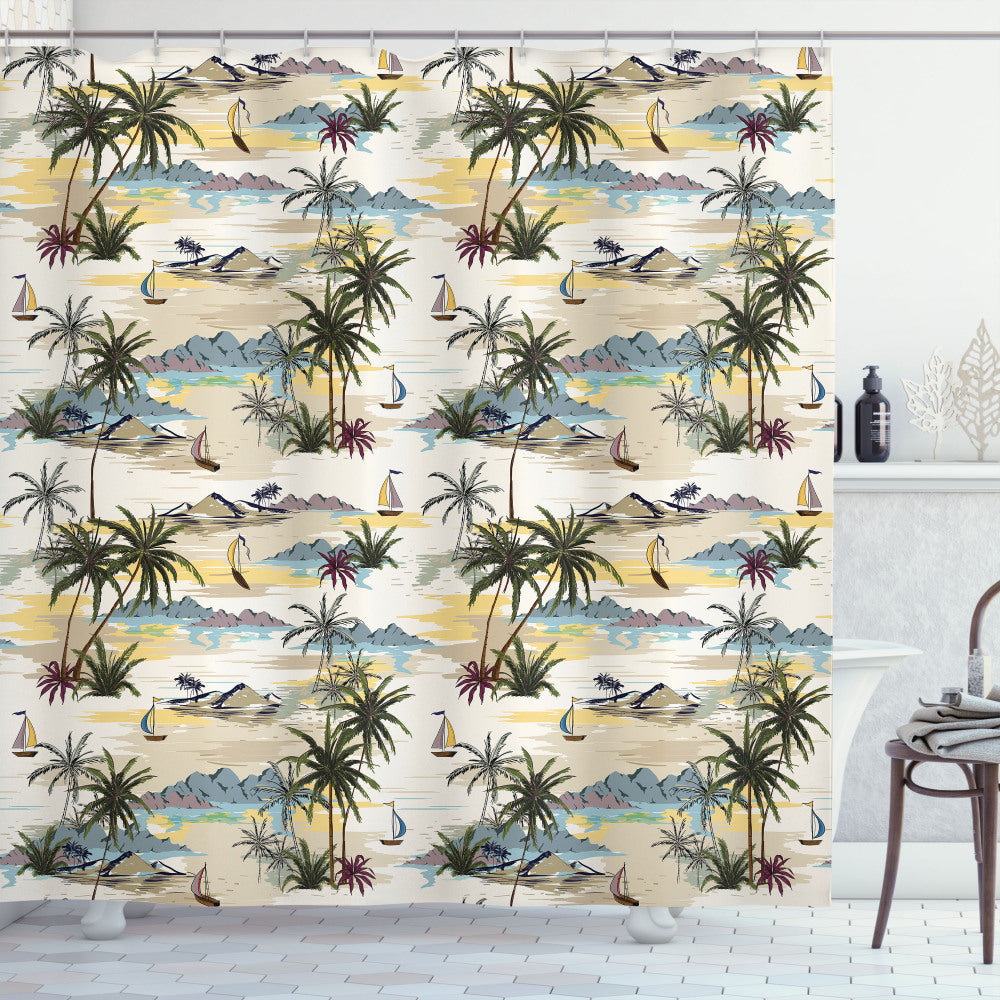 Tropical Pastel Hawaii Island Scene Shower Curtain in Olive Green, Slate Blue, and Beige Colors