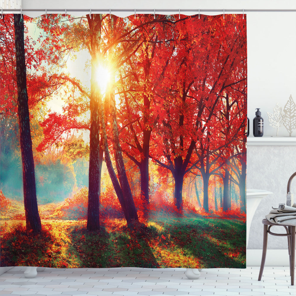 Autumnal Tree-Infused Park Scene Shower Curtain in Shades of Orange, Yellow, and Teal