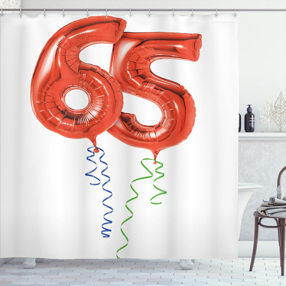 65th Birthday Fun Party Balloons Bath Curtain in Green, Blue, and Red