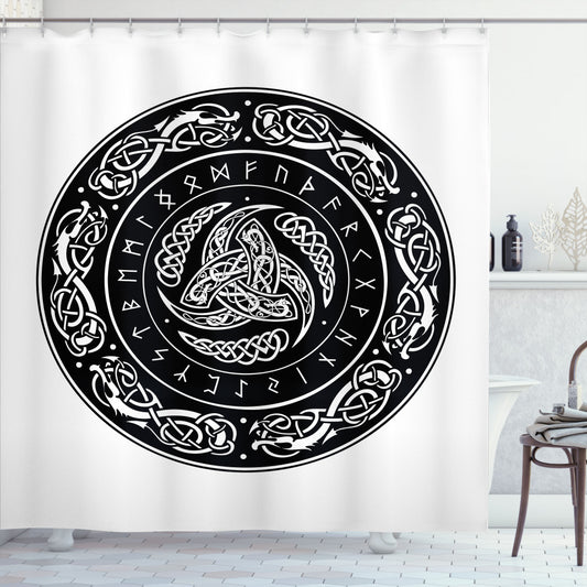 Triple Horns of Odin Celtic Dragon Shower Curtain in Charcoal Grey and White