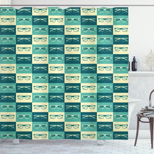 Chic Vintage Eyeglasses Inspired Shower Curtain in Indie Petrol Blue, Turquoise, and Cream