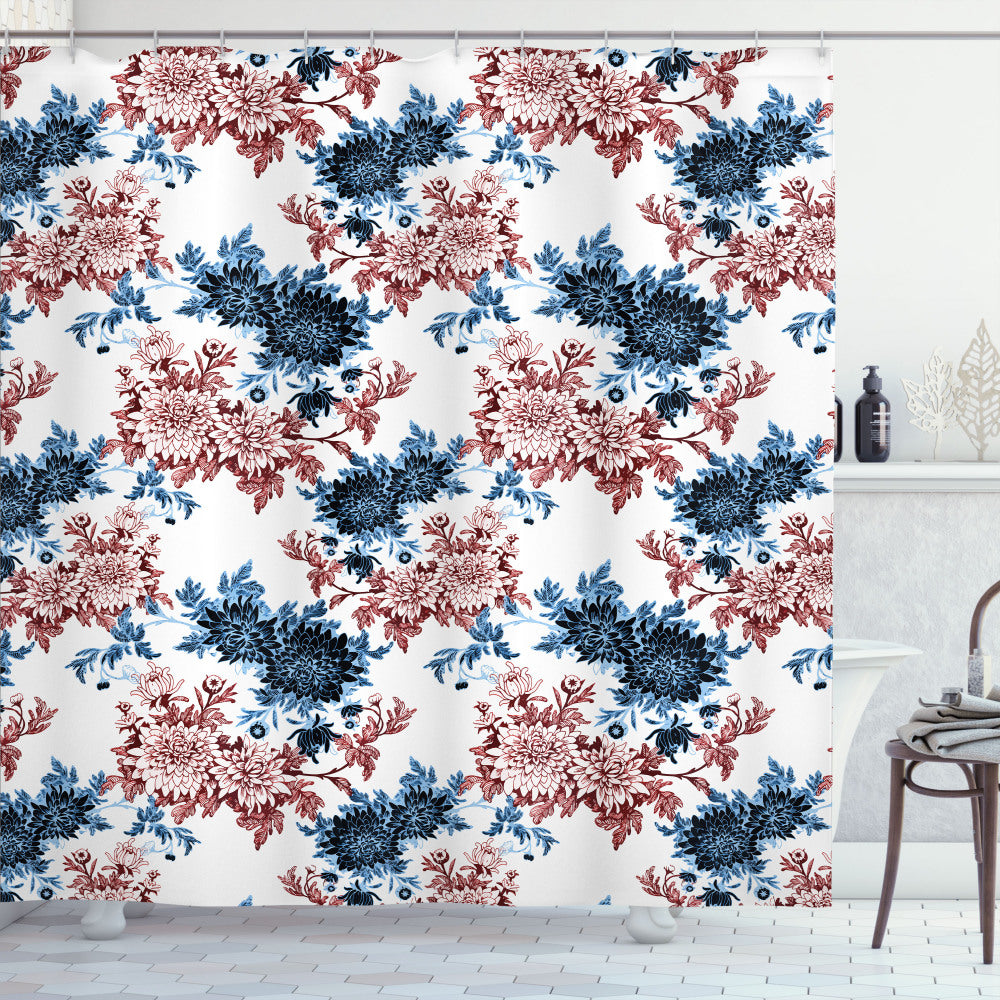 Watercolor Floral Shower Curtain in Deep Sky Blue, Dark Petrol Blue, White, and Ruby Blooms