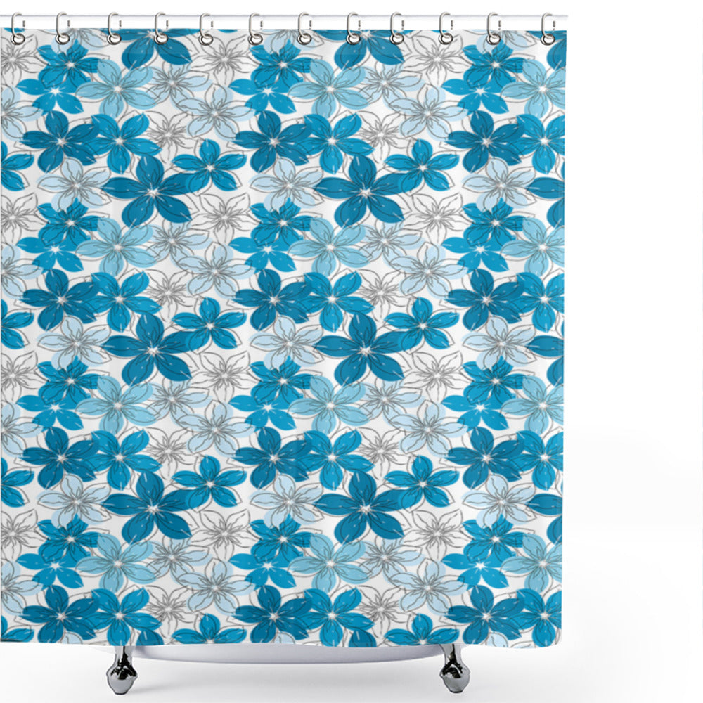 Blue, Pale Blue, and White Grunge Flowers Sketch Art Shower Curtain