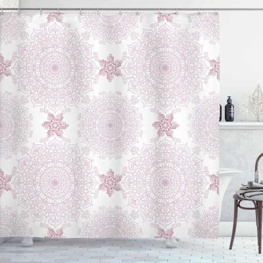 Victorian Damask Bath Curtain in Purple Mandala, Pale Pink, and White