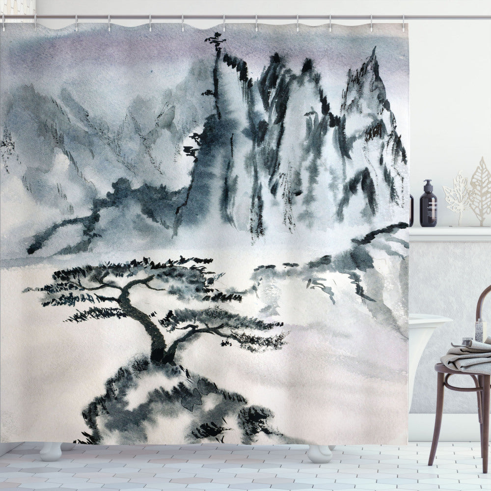 Chinese Mountain Tree Landscape Charcoal Grey and Grey Shower Curtain