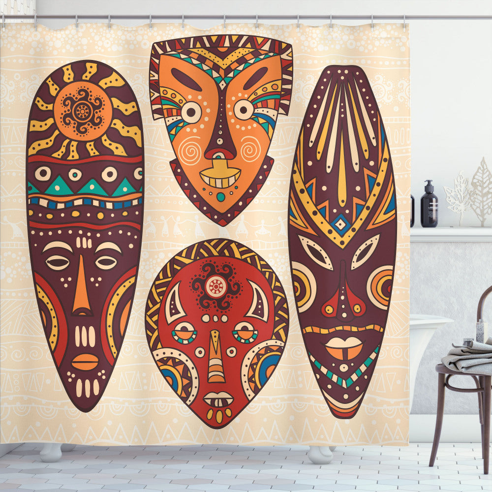 Tribal-Inspired Multicolor Indigenous Folk Mask Graphic Shower Curtain