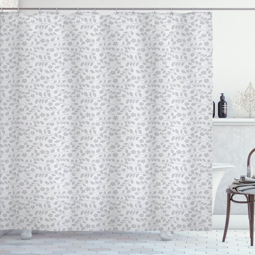 Botanical Pastel Palette Shower Curtain with Leaves and Branches in Pale Purple, Blue, and Grey