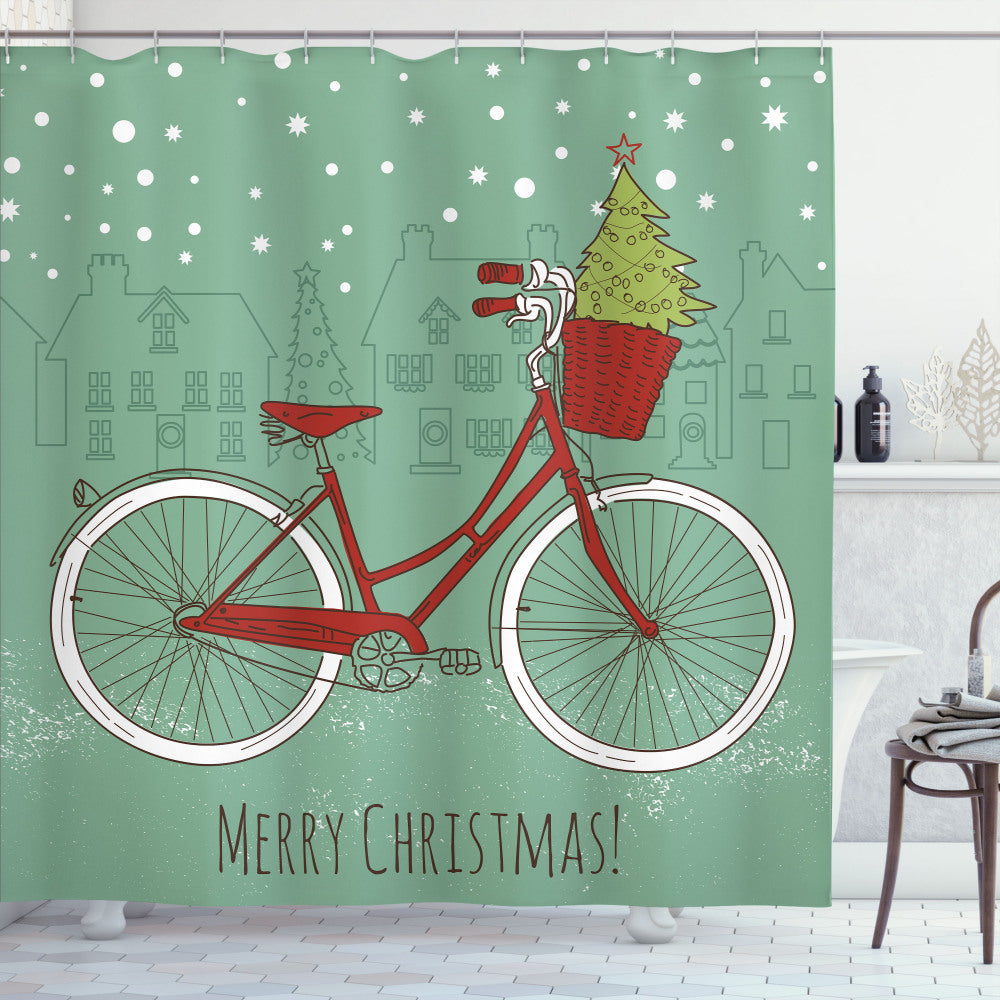 Almond Green and White Retro Bike Christmas Trees Shower Curtain in Red - Festive Holiday Bathroom Decor