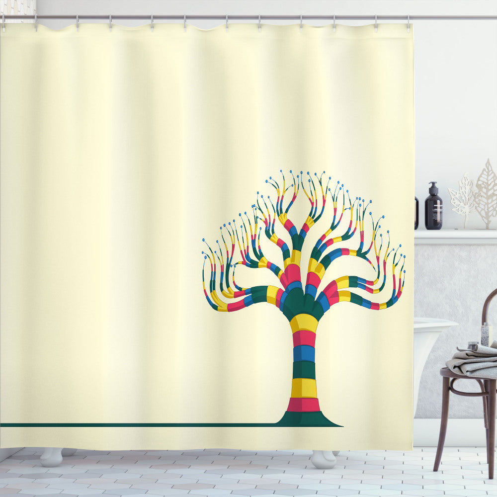 Vibrant Tree and Leaf Shower Curtain in Eggshell Yellow Color Palette