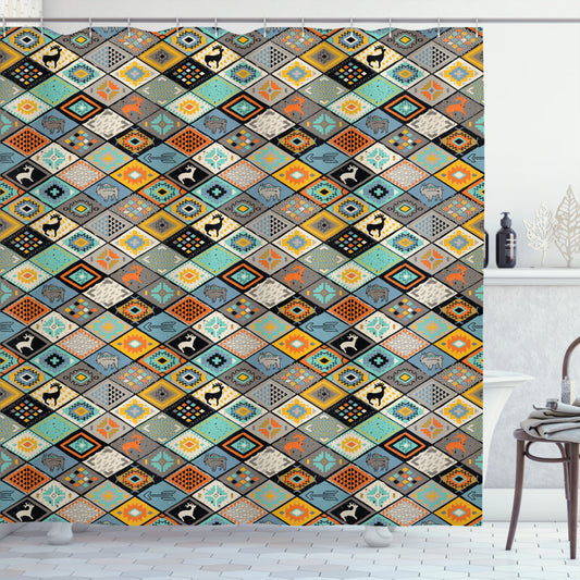 Tribal-Inspired Multicolored Mosaic Art Shower Curtain