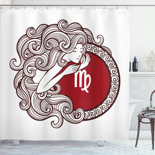 Virgo Zodiac Inspired Long Haired Girl Shower Curtain in White, Brown, and Ruby