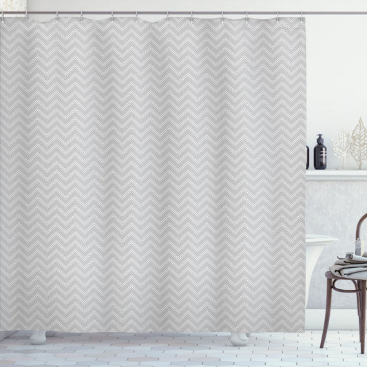 Chevron Pattern Bath Curtain in Dark Grey and White, Featuring Triangles Made of Dots