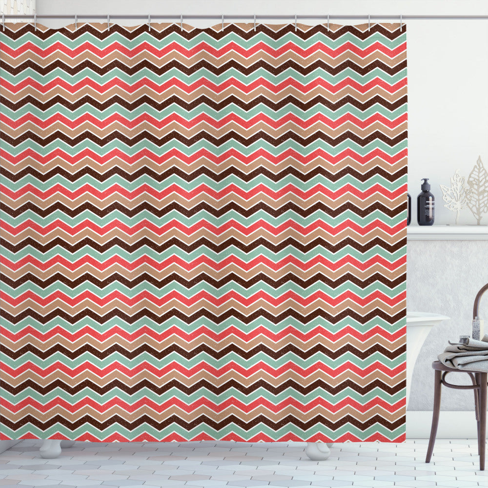 Chevron Zigzag Grunge Retro Bath Curtain in Pale Teal, Chocolate, Dark Coral, and Dark Sand Brown