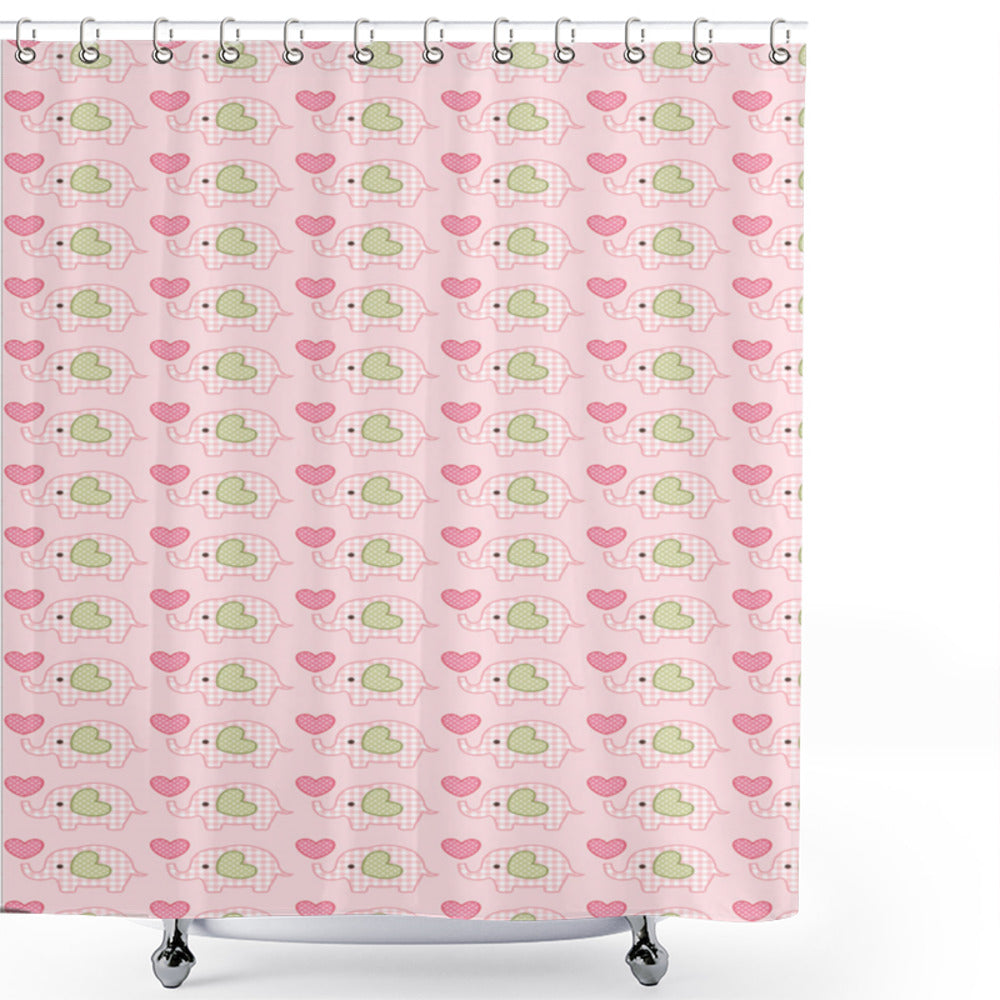 Baby Elephant Bath Curtain in Pistachio Green, Pink, and Rose Tartan Hearts