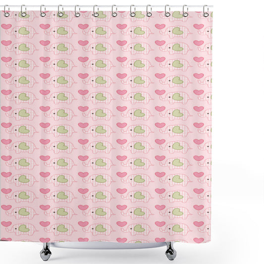 Baby Elephant Bath Curtain in Pistachio Green, Pink, and Rose Tartan Hearts