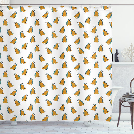 Tropic Parrots Yellow Bird-themed Shower Curtain in Shades of Dark Yellow, Cadet Blue, and Dark Sepia