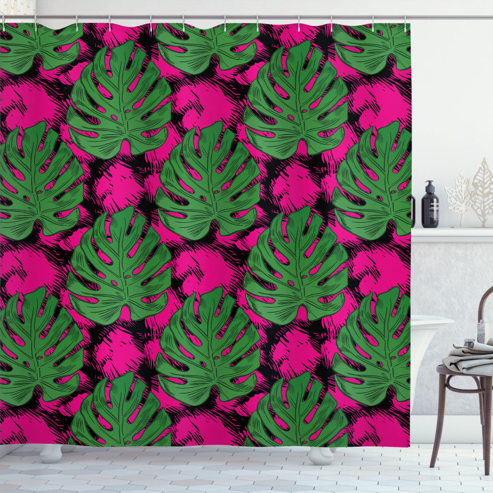 Tropical-Inspired Shower Curtain with Big and Detailed Leaves in Hot Pink, Fern Green, and Charcoal Grey