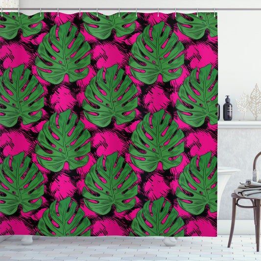 Tropical-Inspired Shower Curtain with Big and Detailed Leaves in Hot Pink, Fern Green, and Charcoal Grey