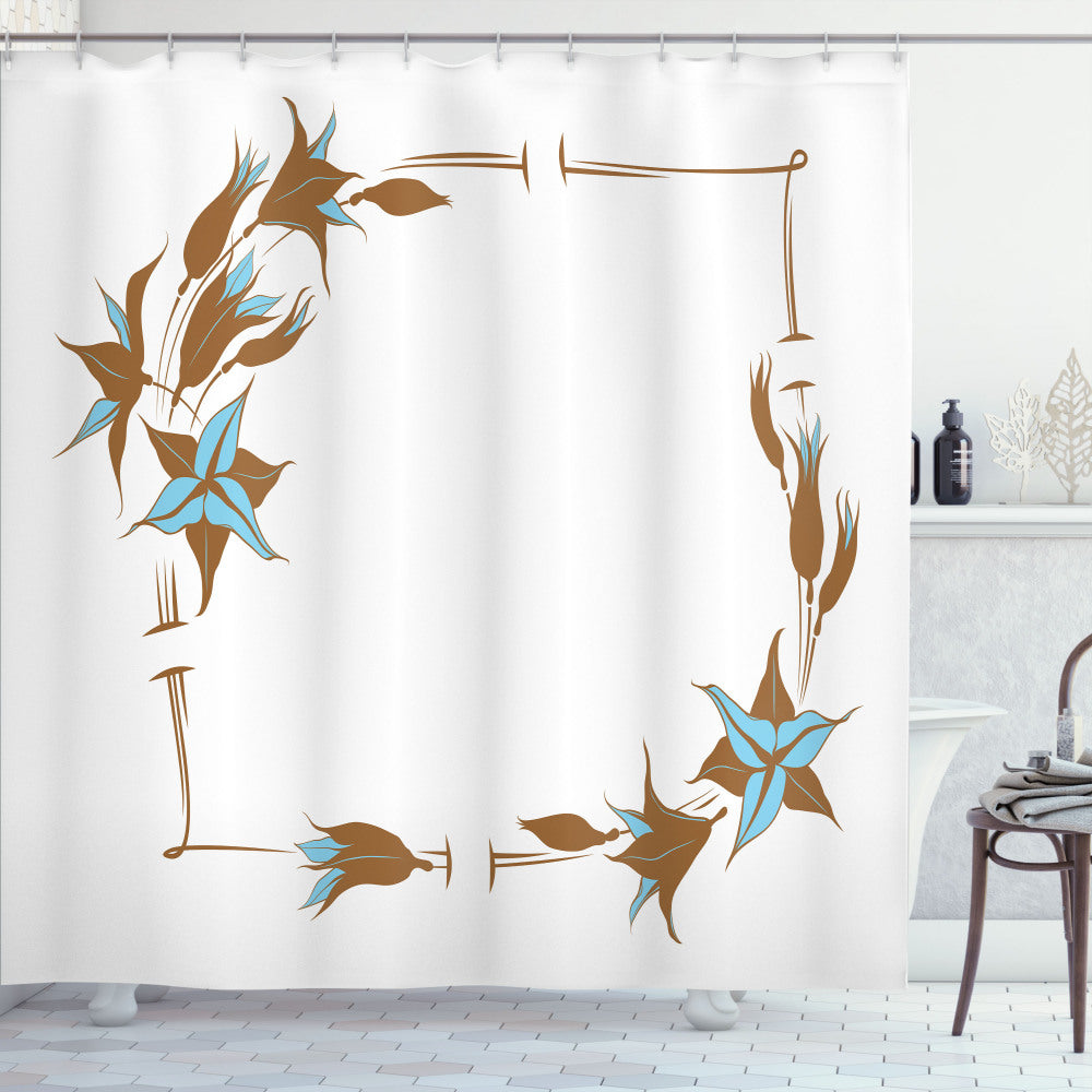 Brown and Blue Floral Frame Shower Curtain with Pale Blue, Caramel, and White Accents: A Luxurious Bath Experience