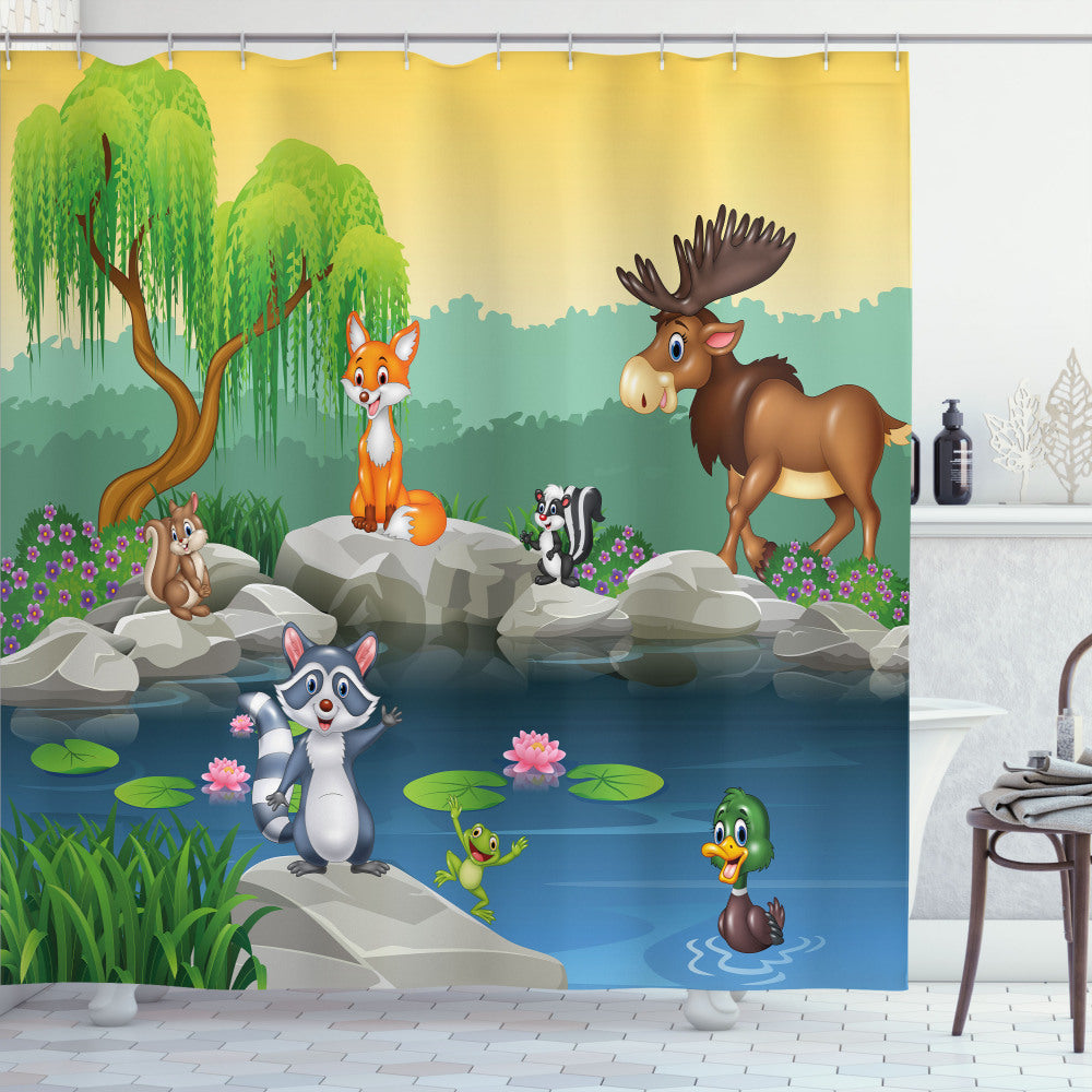 Whimsical Cartoon Mascot Animals in Multicolor on Shower Curtains