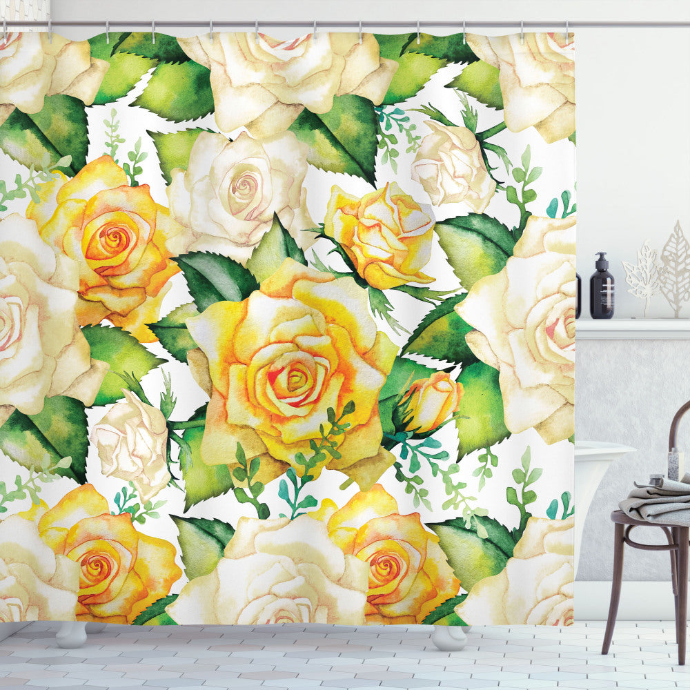 Watercolor Wedding Flowers Shower Curtain in Rose, Yellow, Beige, and Green Palette