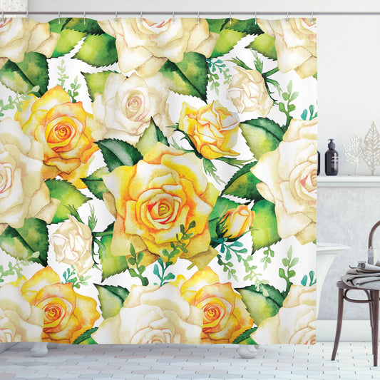 Watercolor Wedding Flowers Shower Curtain in Rose, Yellow, Beige, and Green Palette