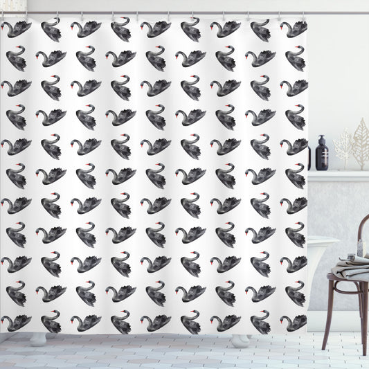 Aquarelle Black Birds Bath Curtain with Swan Design in Charcoal Grey, White, and Red