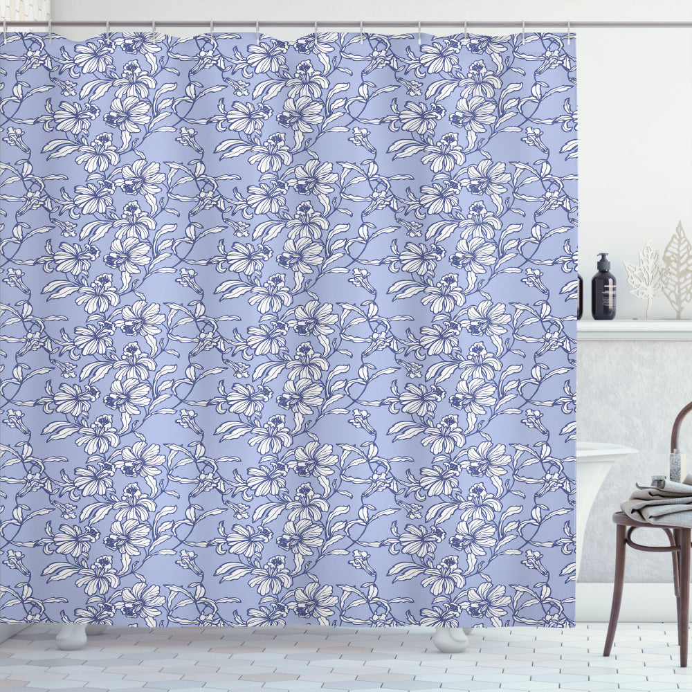 Botanical Vintage Shabby Floral Bath Curtain in Ceil Blue, Dark Blue, and White