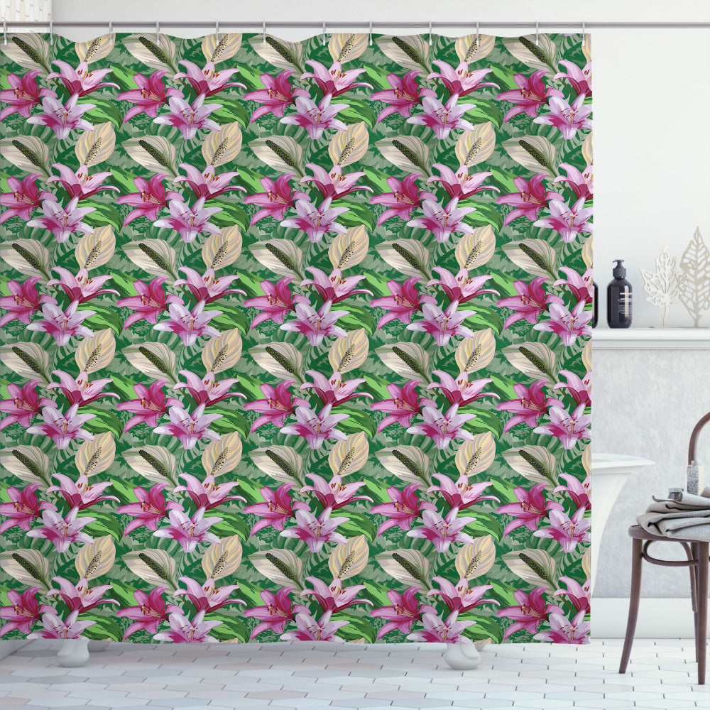 Watercolor Lily Garden Shower Curtain in Hunter Green and Magenta