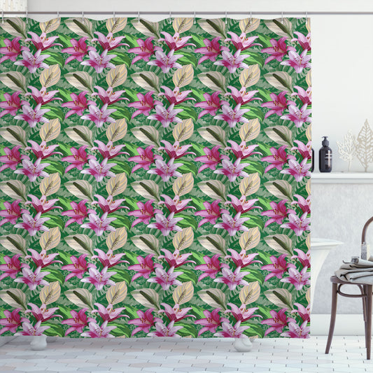 Watercolor Lily Garden Shower Curtain in Hunter Green and Magenta