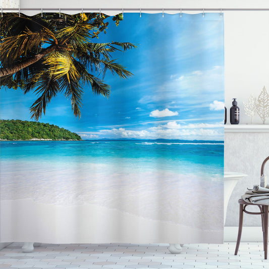 Tropical Paradise: White, Green, and Blue Exotic Island Beach Shower Curtain