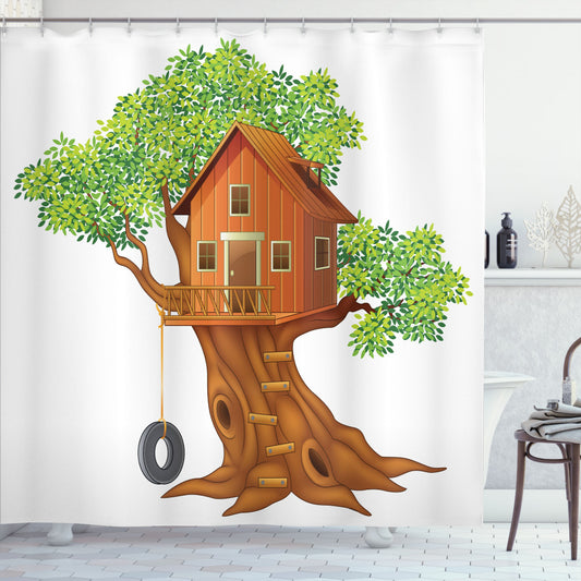 Treehouse Inspired Wooden Shower Curtain in Pale Caramel, Lime Green, and Dark Grey Tones