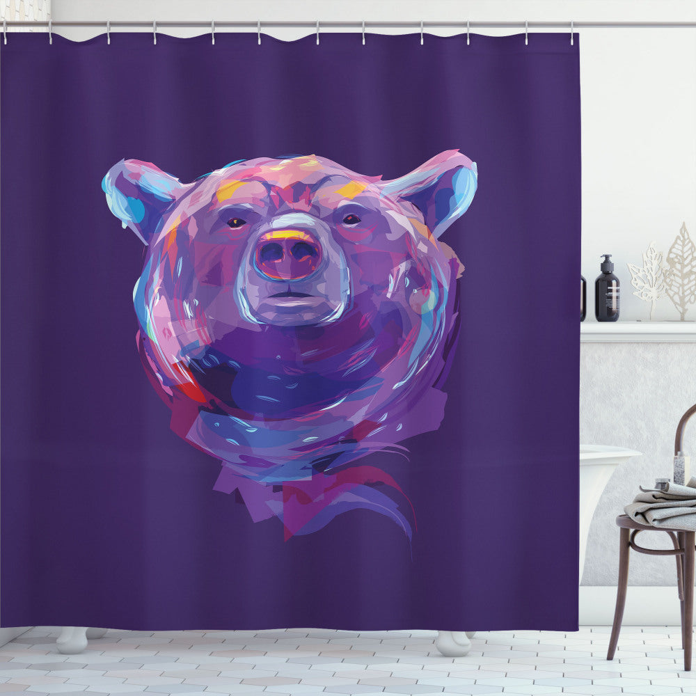 Bear-themed Mascot Bath Curtain with Face Brushstrokes in Sky Blue, Purple, and Pink