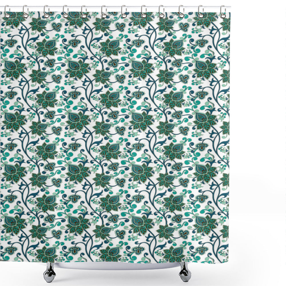 Asian-Inspired Floral Pattern in Petrol Blue and Sea Green on Shower Curtain