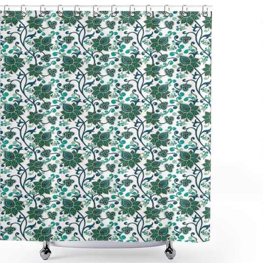 Asian-Inspired Floral Pattern in Petrol Blue and Sea Green on Shower Curtain