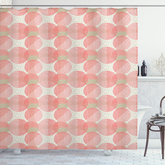 Abstract Circle Print in Pale Sepia, White, and Coral - Shower Curtain Dash Lines Design