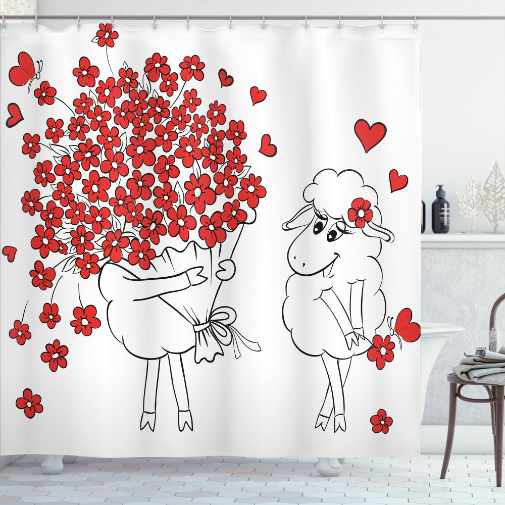 Valentine's Day White and Red Lover Goat Hearts Shower Curtain