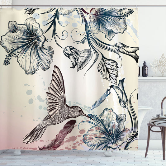 Vintage Birds and Flowers Hummingbird Brown and Teal Shower Curtain