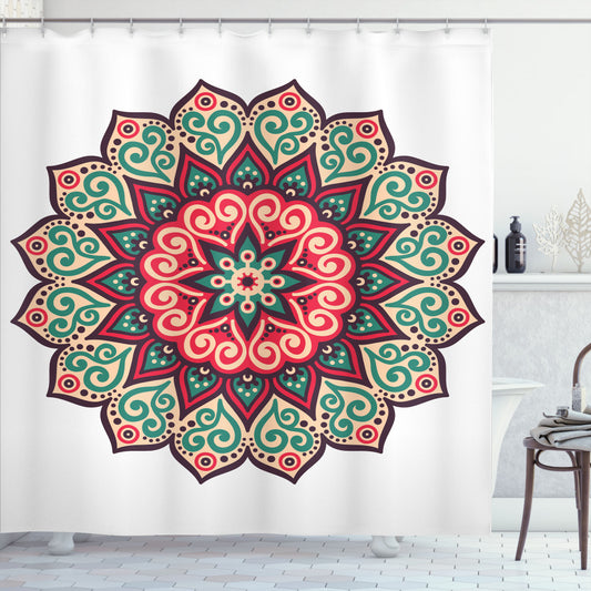 Vintage Asian Mandala Inspired Multicolored and White Shower Curtain